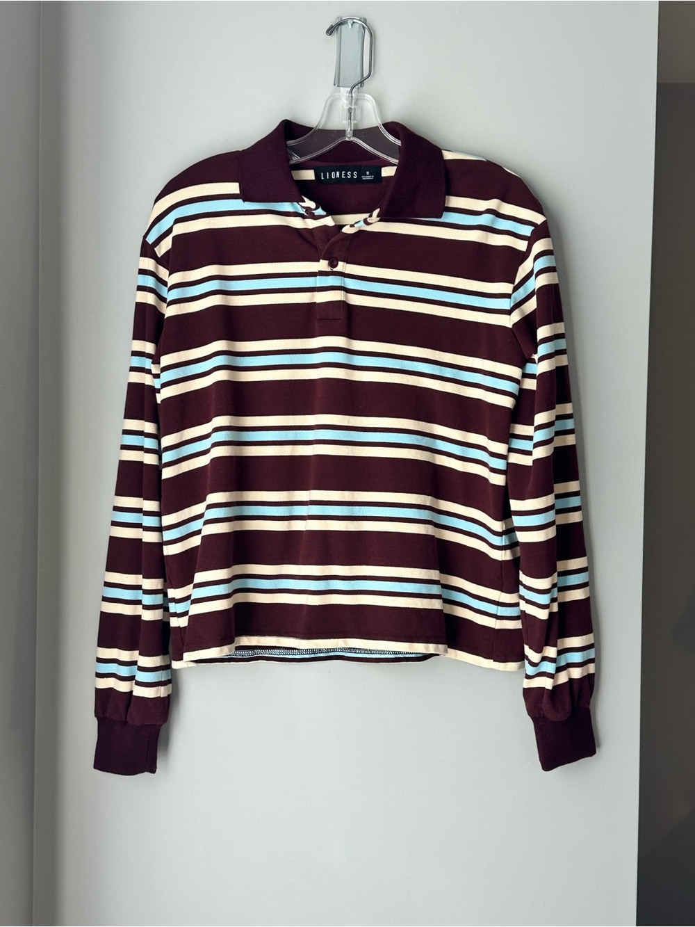 Lioness Leisure Long Sleeve Polo in Chocolate Multi Stripe Size Small - Picture 8 of 11